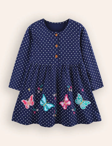 Blue Butterfly Appliqué Button Front Dress
